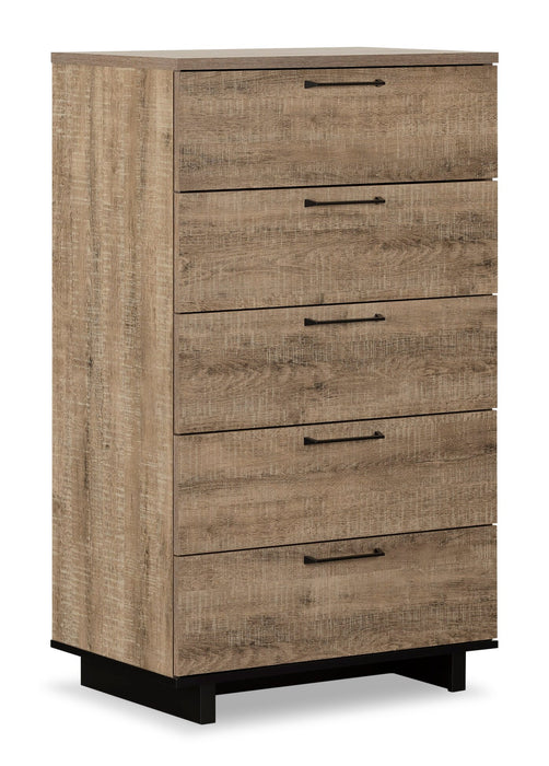 Ensemble lit plateforme Everley 5 pièces avec tête de lit à panneau, commode verticale et table de nuit, deux couleurs - format lit simple