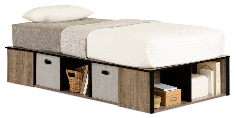 Lit plateforme Everley avec rangement et paniers intégrés, chêne vieilli et noir mat - format lit simple