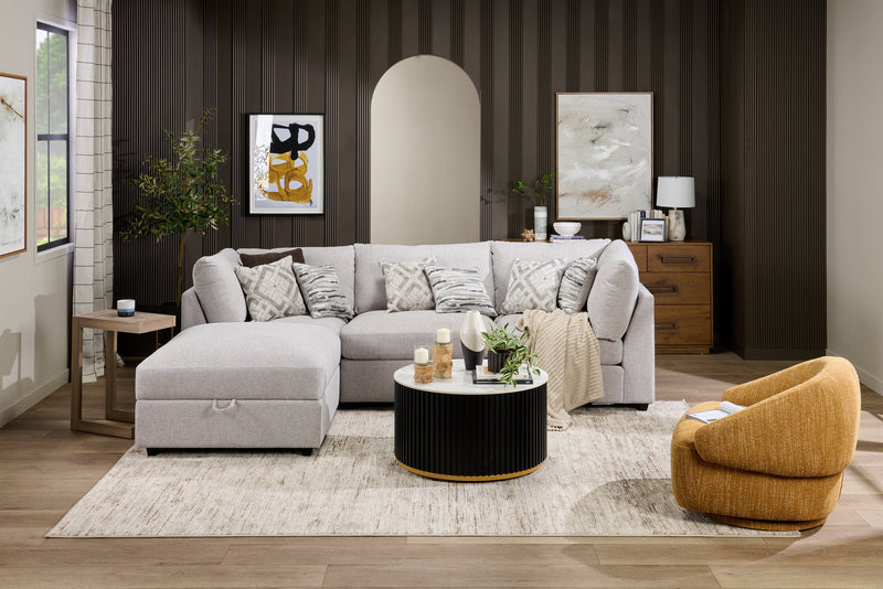 Sofa sectionnel modulaire Evolve de Scott Living 4 pièces en tissu d’apparence lin avec pouf et coussins en duvet et plumes - gris