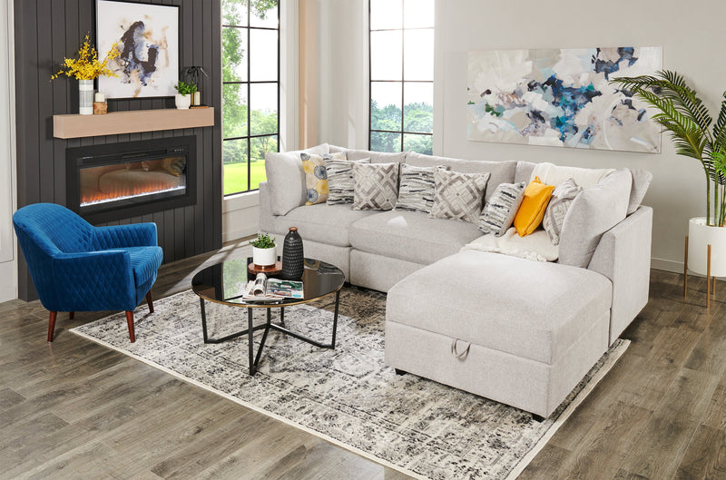 Sofa sectionnel modulaire Evolve de Scott Living 4 pièces en tissu d’apparence lin avec pouf et coussins en duvet et plumes - gris