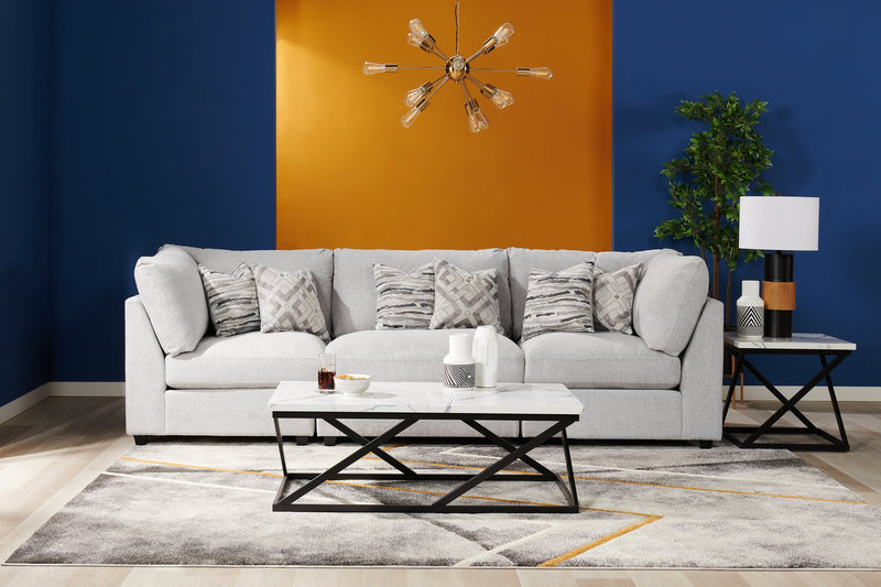 Fauteuil modulaire en coin Evolve de Scott Living de 39,5 po en tissu d’apparence lin avec coussins en duvet et plumes - gris clair