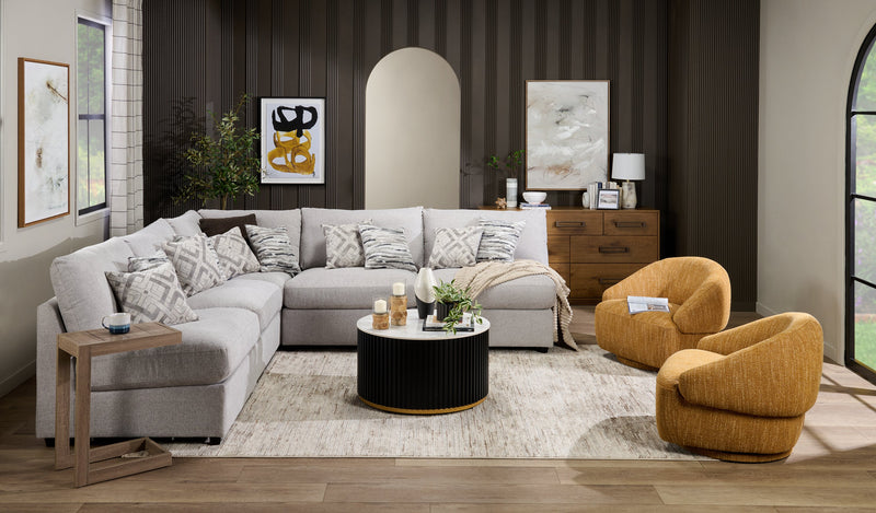 Sofa sectionnel sans accoudoirs modulaire Evolve de Scott Living 5 pièces en tissu d’apparence lin avec coussins en duvet et plumes - gris
