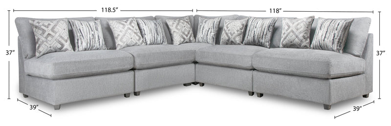 Sofa sectionnel sans accoudoirs modulaire Evolve de Scott Living 5 pièces en tissu d’apparence lin avec coussins en duvet et plumes - gris