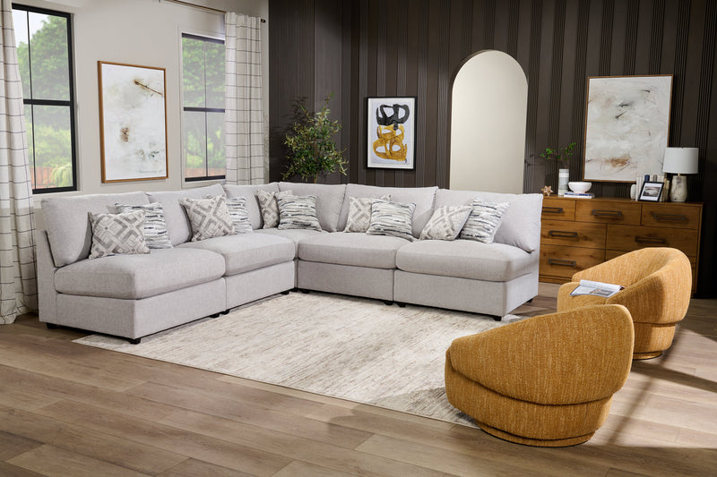 Sofa sectionnel sans accoudoirs modulaire Evolve de Scott Living 5 pièces en tissu d’apparence lin avec coussins en duvet et plumes - gris