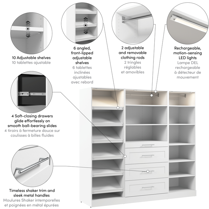 Système de garde-robe et pièce-penderie modulaire Florence de Bestar de 85 po avec éclairages à DEL, tiroirs et tablettes pour chaussures de style Shaker - blanc