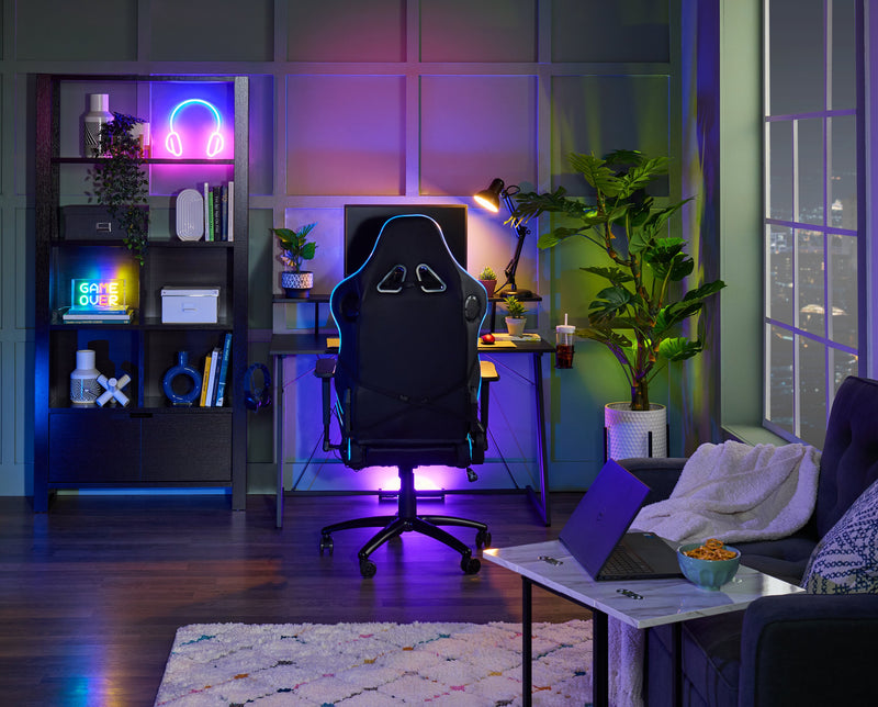 Fauteuil de jeu ergonomique Falcon de 30 po avec haut-parleurs Bluetooth intégrés et éclairage à DEL - noir