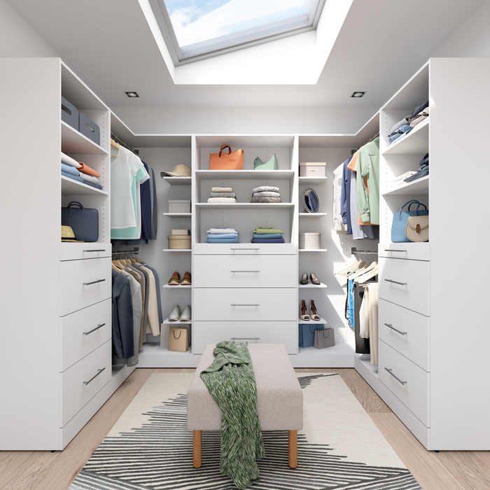 Système de pièce-penderie en forme de U modulaire Florence de Bestar de 105 po avec tringles, tablettes et tiroirs de style lisse - blanc