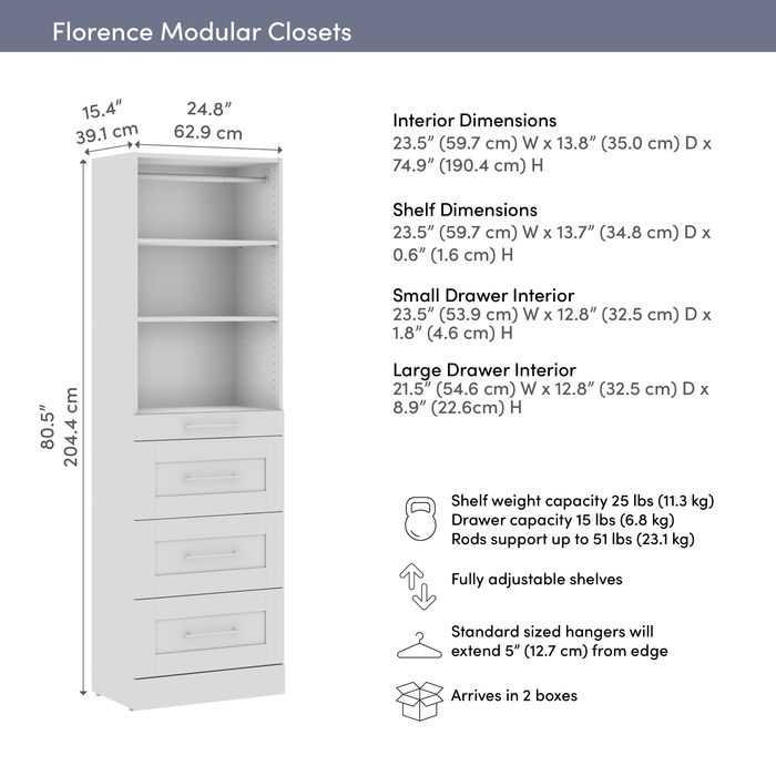 Système de tour garde-robe et pièce-penderie modulaire Florence de Bestar de 25 po avec tablettes et 4 tiroirs de style Shaker - blanche