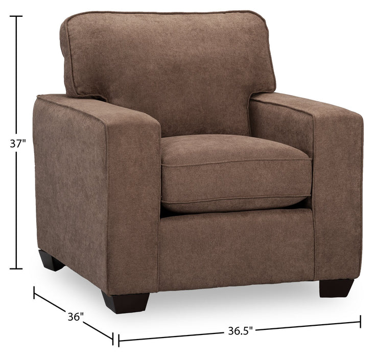 Fauteuil Fiona de 36,5 po fabriqué au Canada en tissu de chenille avec accoudoirs rectilignes - brun moka