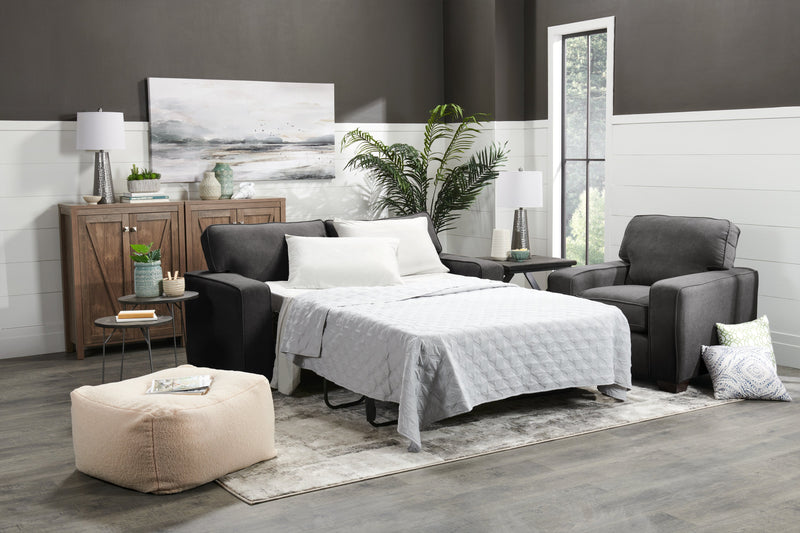 Sofa-lit simple Fiona de 58 po fabriqué au Canada en tissu de chenille avec accoudoirs rectilignes - gris