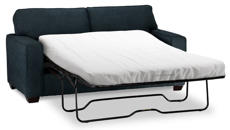 Sofa-lit simple Fiona de 58 po fabriqué au Canada en tissu de chenille avec accoudoirs rectilignes - bleu marine