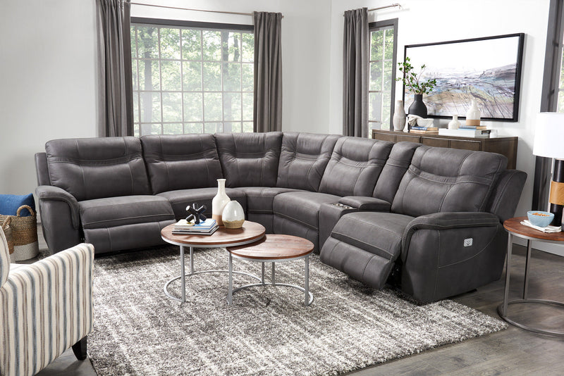 Sofa sectionnel à inclinaison électrique Floy 6 pièces en suédine avec appuie-têtes électriques, console et port USB - gris