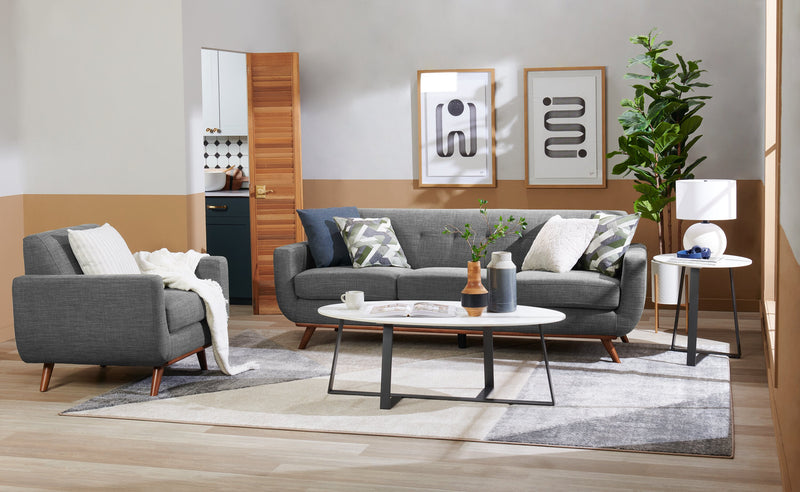 Sofa Freeman Kort & Co. de 88 po en tissu d’apparence lin avec pattes en bois et coussins de dossier capitonnés - gris anthracite