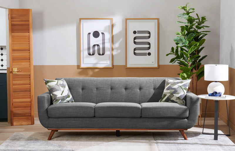 Sofa Freeman Kort & Co. de 88 po en tissu d’apparence lin avec pattes en bois et coussins de dossier capitonnés - gris anthracite