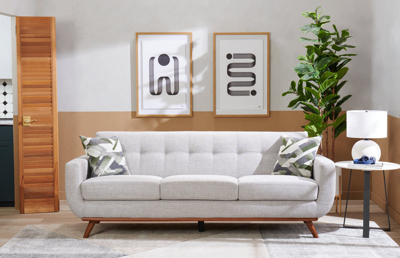 Sofa Freeman Kort & Co. de 88 po en tissu d’apparence lin avec pattes en bois et coussins de dossier capitonnés - blanc colombe