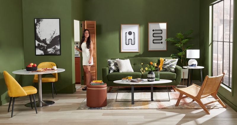 Sofa Freeman de Kort & Co. de 80 po de format condo en tissu d’apparence lin avec base et pattes en bois - vert avocat