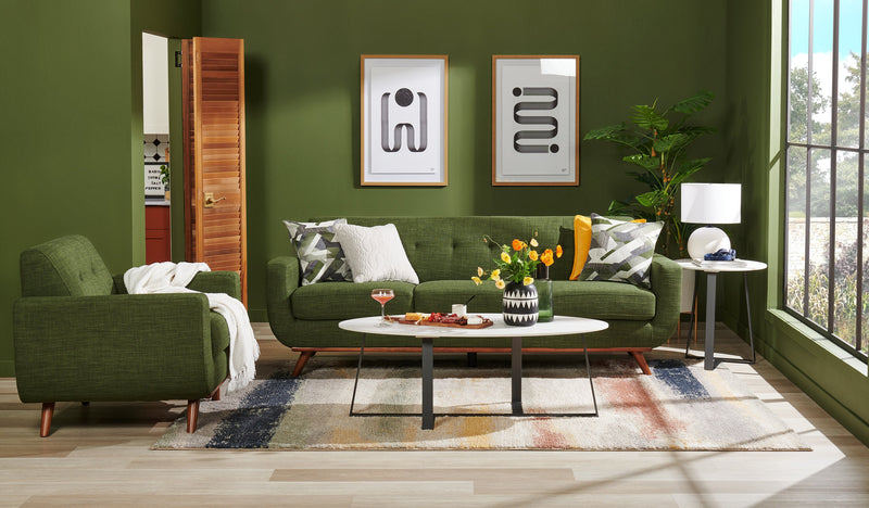 Sofa Freeman Kort & Co. de 88 po en tissu d’apparence lin avec pattes en bois et coussins de dossier capitonnés - vert avocat