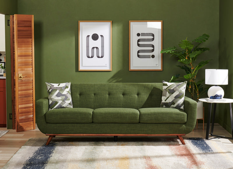 Sofa Freeman Kort & Co. de 88 po en tissu d’apparence lin avec pattes en bois et coussins de dossier capitonnés - vert avocat