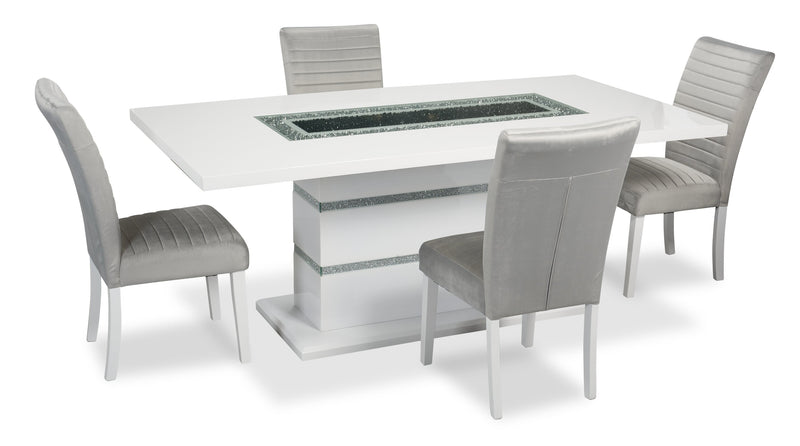 Ensemble de salle à manger somptueux Garbo 5 pièces avec table de 78,75 po (L), incrustation de verre, base piédestal et 4 chaises - blanc