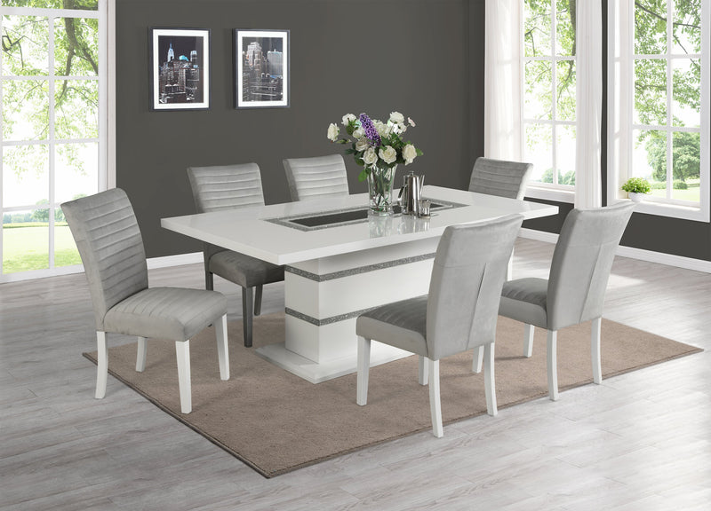 Ensemble de salle à manger somptueux Garbo 7 pièces avec table de 78,75 po (L), incrustation de verre, base piédestal et 4 chaises - blanc
