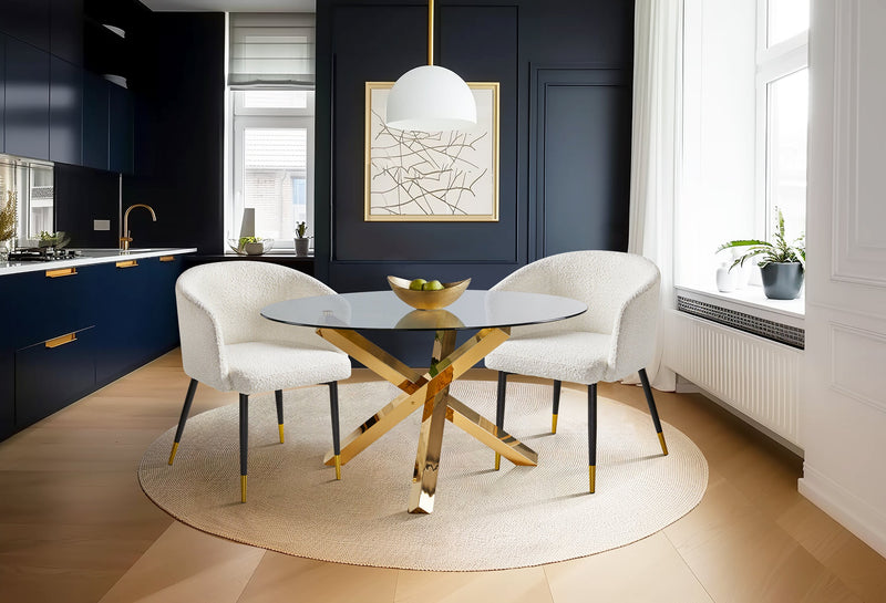 Table de salle à manger ronde Gem de 55 po (L) avec dessus en verre et base géométrique en métal - dorée