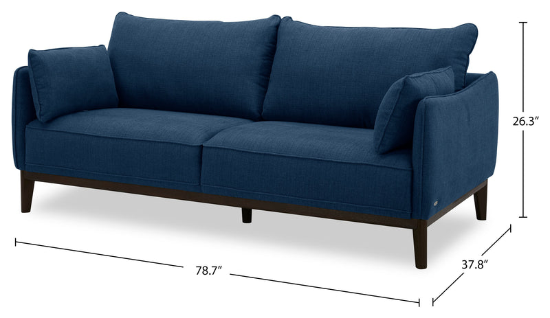 Sofa Gena de Cindy Crawford Home de 78,7 po de format condo en tissu d’apparence lin avec coussins de dossier amovibles - bleu minuit