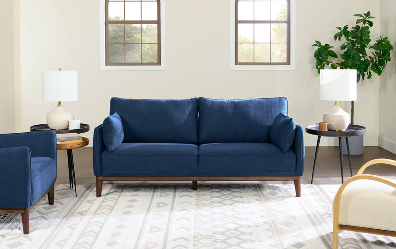 Sofa Gena de Cindy Crawford Home de 78,7 po de format condo en tissu d’apparence lin avec coussins de dossier amovibles - bleu minuit