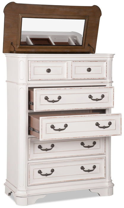 Commode verticale Grace de 38 po (L) x 52 po (H) à 5 tiroirs avec plateau de rangement à dessus relevable pour la chambre à coucher - blanc antique