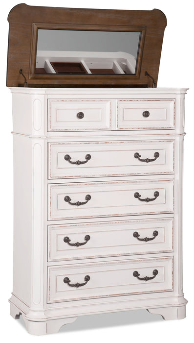 Commode verticale Grace de 38 po (L) x 52 po (H) à 5 tiroirs avec plateau de rangement à dessus relevable pour la chambre à coucher - blanc antique
