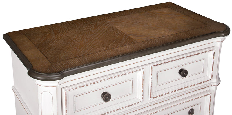 Commode verticale Grace de 38 po (L) x 52 po (H) à 5 tiroirs avec plateau de rangement à dessus relevable pour la chambre à coucher - blanc antique