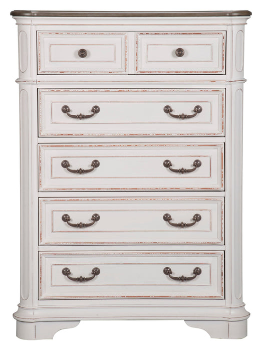 Commode verticale Grace de 38 po (L) x 52 po (H) à 5 tiroirs avec plateau de rangement à dessus relevable pour la chambre à coucher - blanc antique