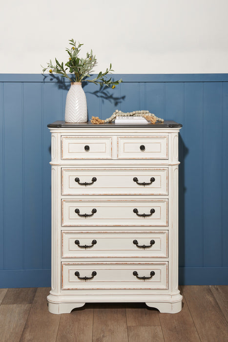 Commode verticale Grace de 38 po (L) x 52 po (H) à 5 tiroirs avec plateau de rangement à dessus relevable pour la chambre à coucher - blanc antique