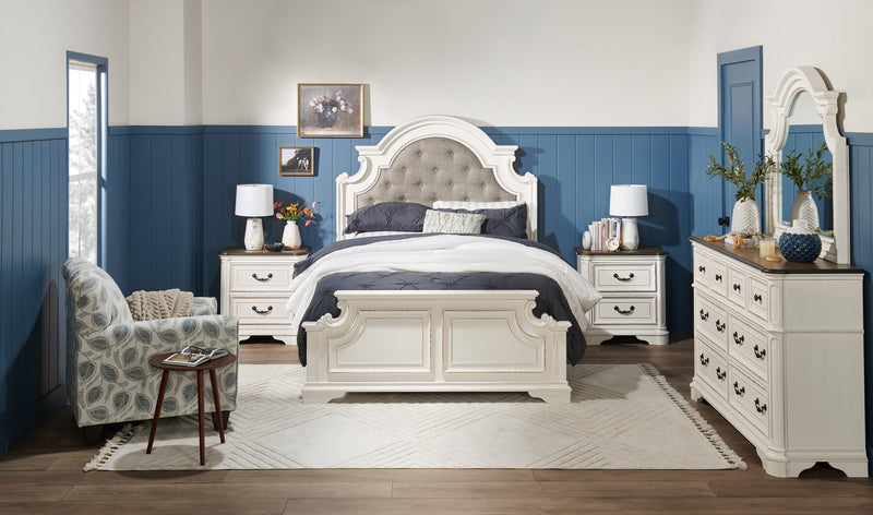 Lit à panneau Grace en bois et en tissu avec tête de lit et cadre de lit, blanc antique - format grand lit