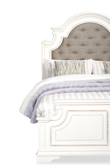 Lit à panneau Grace en bois et en tissu avec tête de lit et cadre de lit, blanc antique - format grand lit