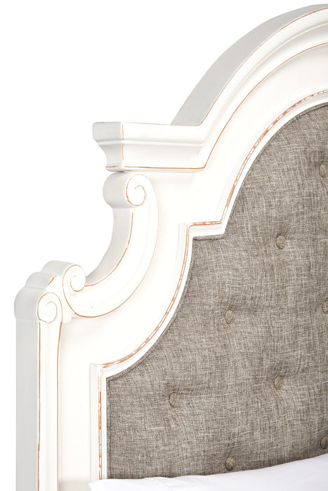 Lit à panneau Grace en bois et en tissu avec tête de lit et cadre de lit, blanc antique - format grand lit