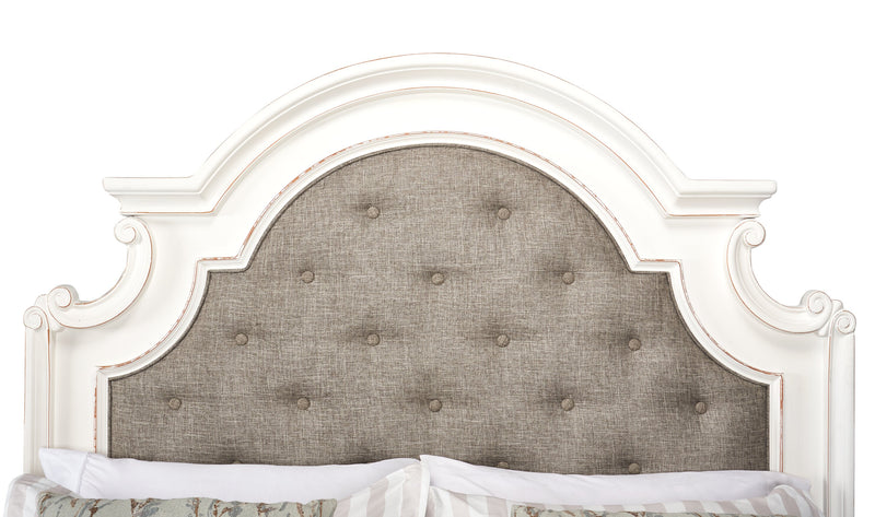 Lit à panneau Grace en bois et en tissu avec tête de lit et cadre de lit, blanc antique - format grand lit