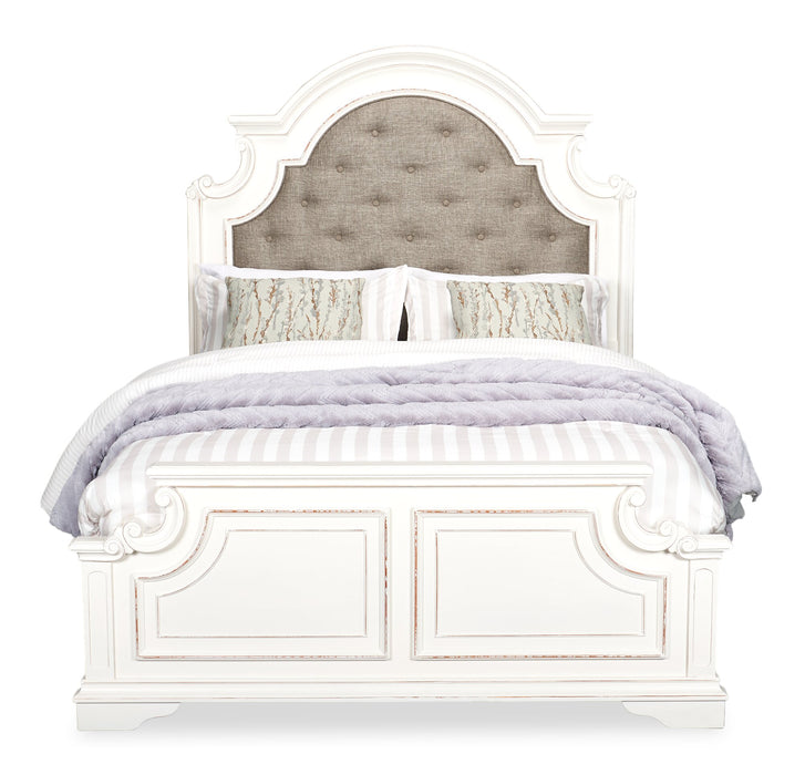 Lit à panneau Grace en bois et en tissu avec tête de lit et cadre de lit, blanc antique - format grand lit