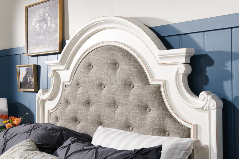 Lit à panneau Grace en bois et en tissu avec tête de lit et cadre de lit, blanc antique - format grand lit