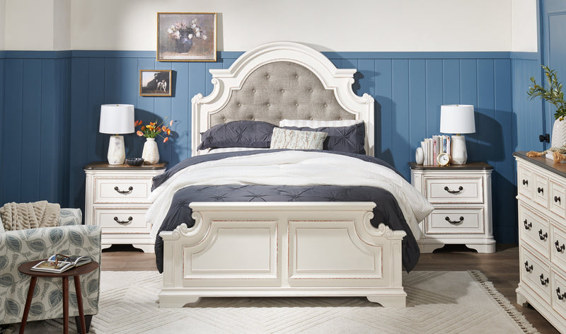 Lit à panneau Grace en bois et en tissu avec tête de lit et cadre de lit, blanc antique - format grand lit