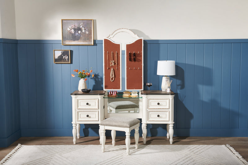 Ensemble de coiffeuse Grace avec tabouret, miroir, prises d’alimentation et ports USB intégrés pour la chambre à coucher - blanc antique