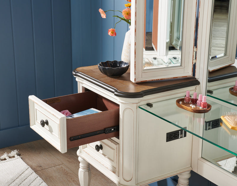 Ensemble de coiffeuse Grace avec tabouret, miroir, prises d’alimentation et ports USB intégrés pour la chambre à coucher - blanc antique