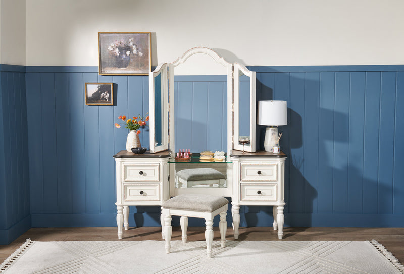 Ensemble de coiffeuse Grace avec tabouret, miroir, prises d’alimentation et ports USB intégrés pour la chambre à coucher - blanc antique