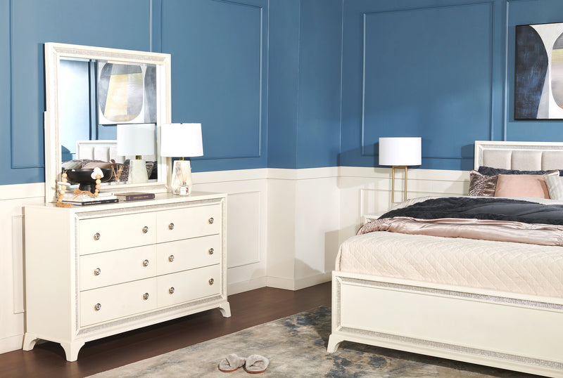 Commode somptueuse Halo de 58 po (l) x 35 po (H) à 6 tiroirs avec éclairage à DEL pour la chambre à coucher - blanche