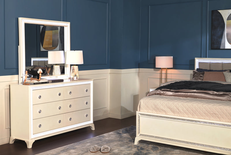Commode somptueuse Halo de 58 po (l) x 35 po (H) à 6 tiroirs avec éclairage à DEL pour la chambre à coucher - blanche