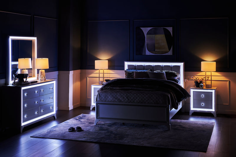 Commode somptueuse Halo de 58 po (l) x 35 po (H) à 6 tiroirs avec éclairage à DEL pour la chambre à coucher - blanche