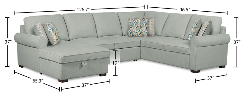 Sofa-lit sectionnel de gauche Haven de Scott Living 3 pièces en tissu de chenille avec fauteuil long de rangement - bleu écume de mer