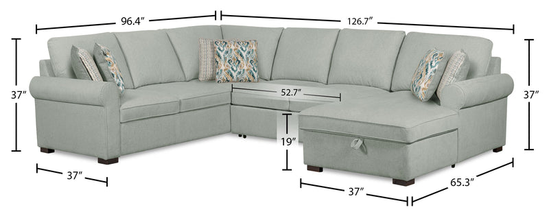 Sofa-lit sectionnel de droite Haven de Scott Living 3 pièces en tissu de chenille avec fauteuil long de rangement - bleu écume de mer