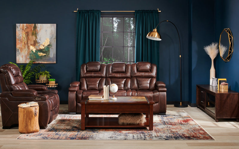 Causeuse à inclinaison électrique Hugo de 73 po en cuir véritable avec appuie-têtes électriques, console de rangement et ports USB - brune