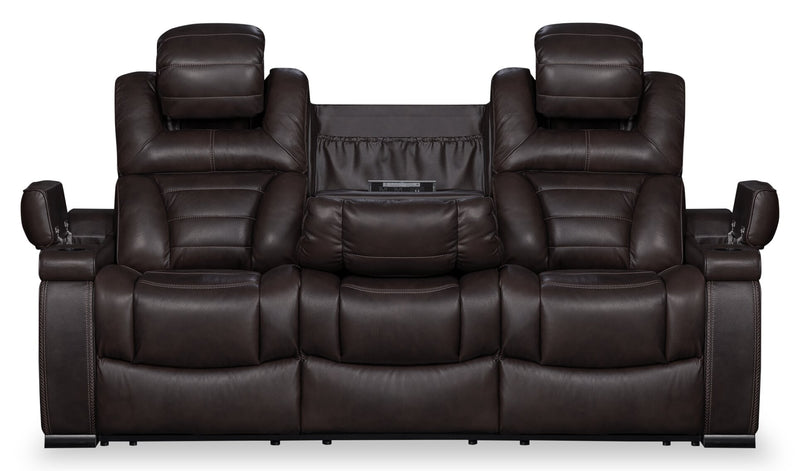 Sofa à inclinaison électrique Hugo de 84 po en cuir véritable avec appuie-têtes électriques, 2 porte-gobelets et ports USB - brun