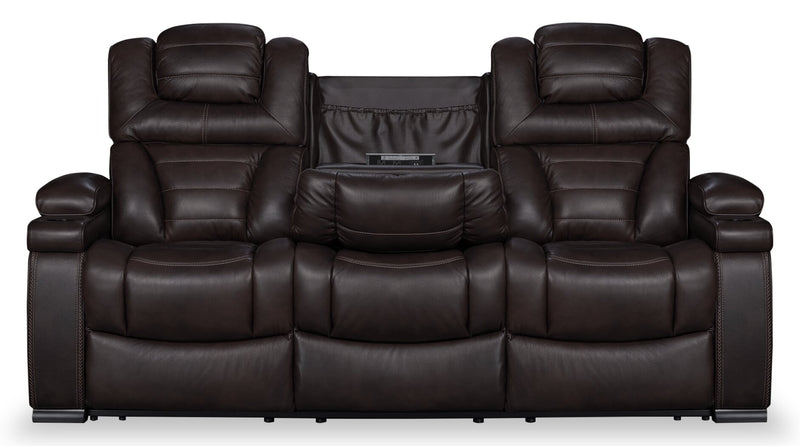 Sofa à inclinaison électrique Hugo de 84 po en cuir véritable avec appuie-têtes électriques, 2 porte-gobelets et ports USB - brun